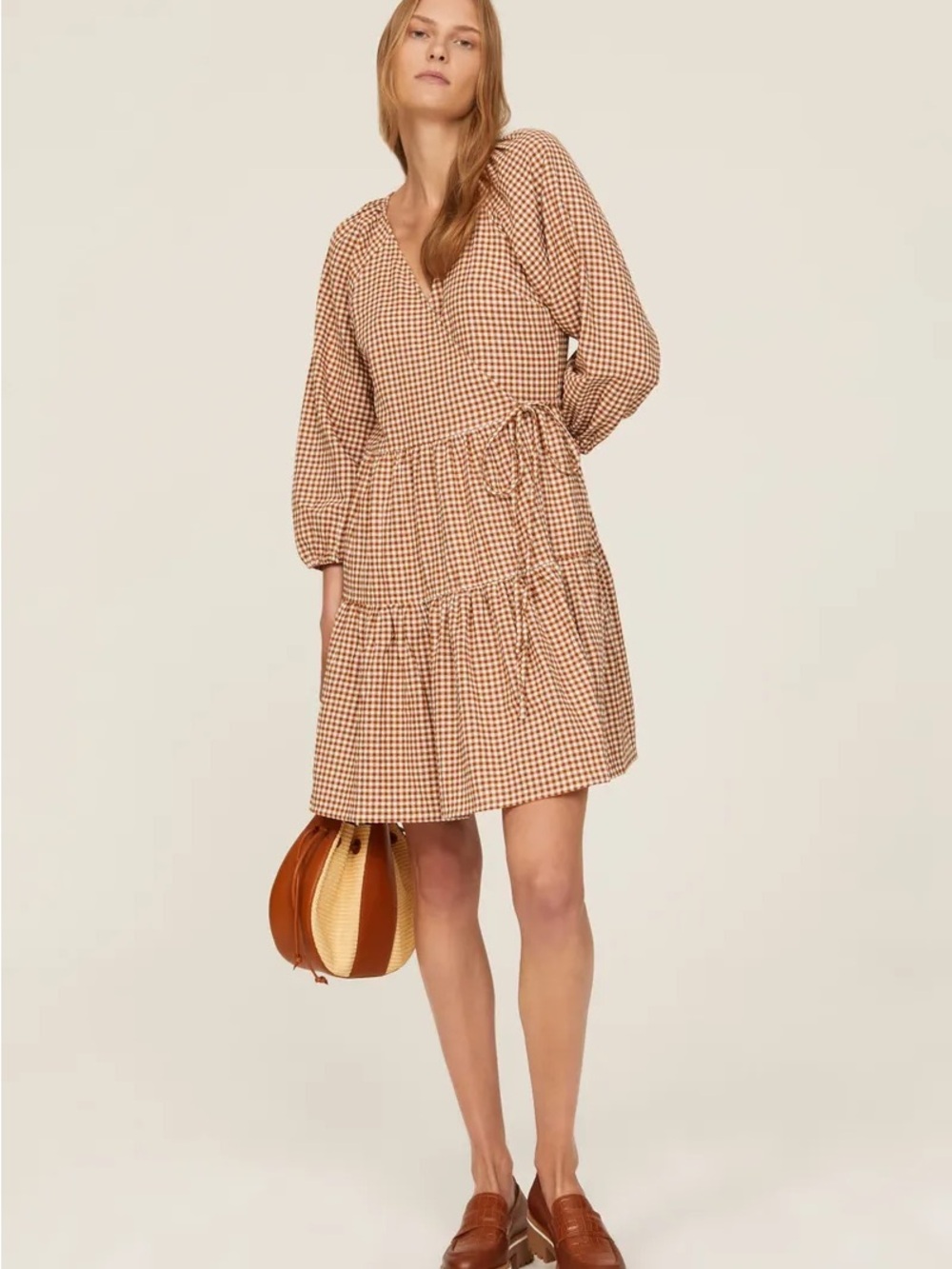 Madewell Brown Gingham Wrap Tiered Long-Sleeve Dress Size Small